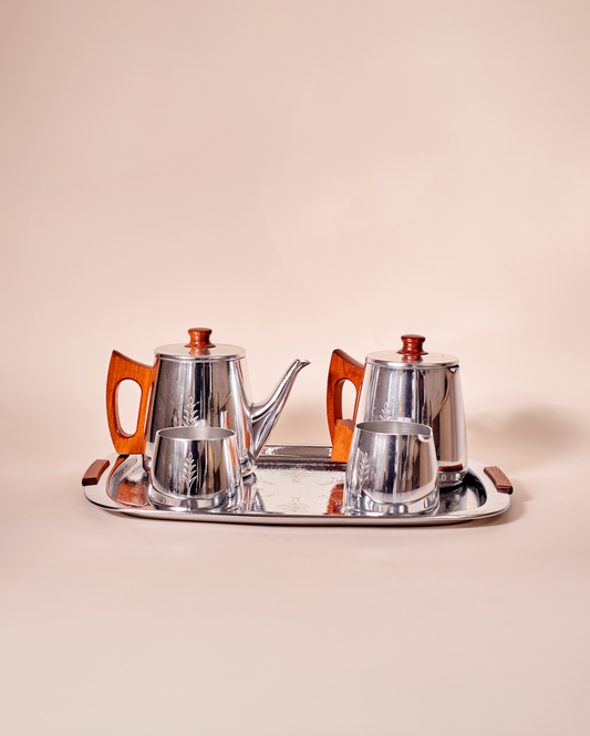 Service à thé et café vintage SONA en inox et teck – Années 70, complet pour 4 personnes
