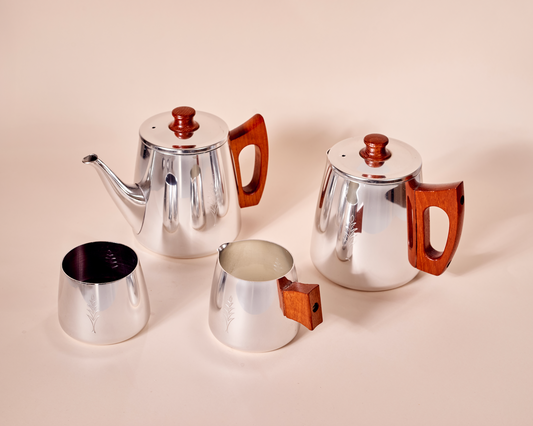 Service à thé et café vintage SONA en inox et teck – Années 70, complet pour 4 personnes